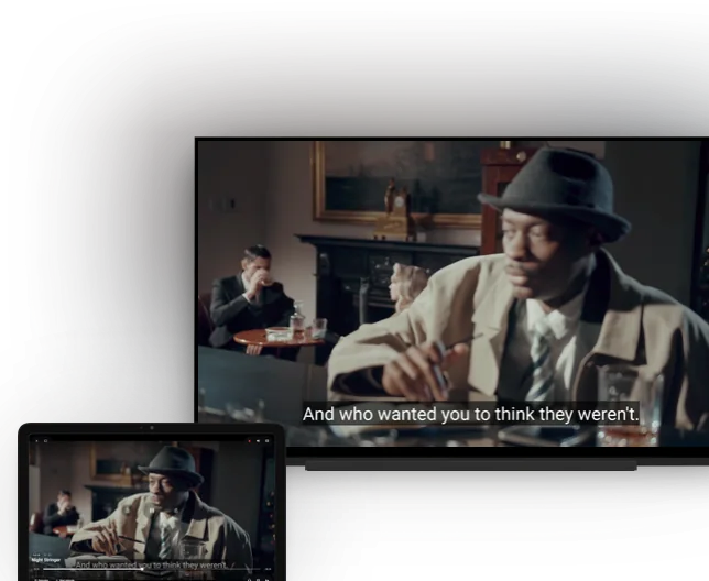 A tablet casts a series to a TV with IPTV Player One: both show the same scene and the same subtitle