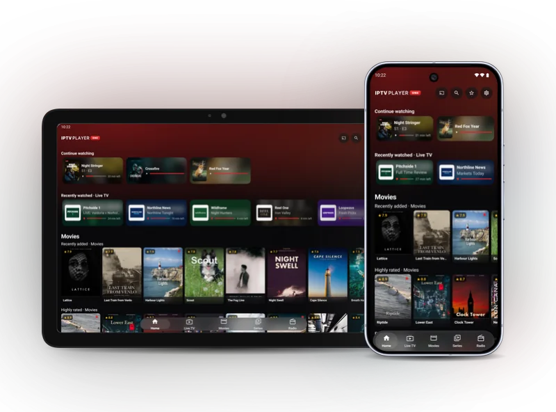 IPTV Player One on an Android tablet and an Android phone
