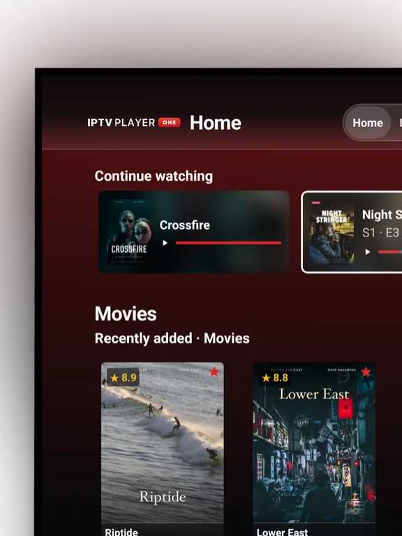 The IPTV Player One home screen on Android TV