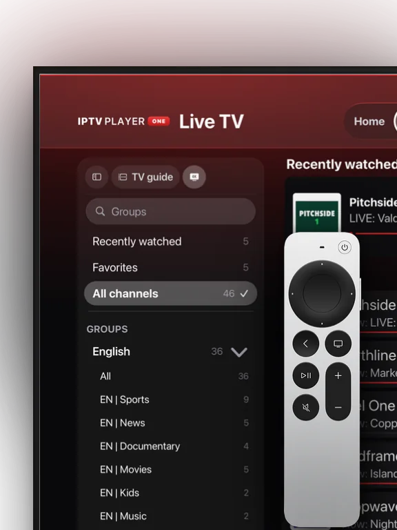 Live TV in IPTV Player One on Apple TV, with the Siri Remote