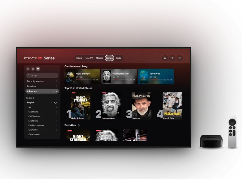 IPTV Player One on Apple TV: the series page with continue watching and a top 10
