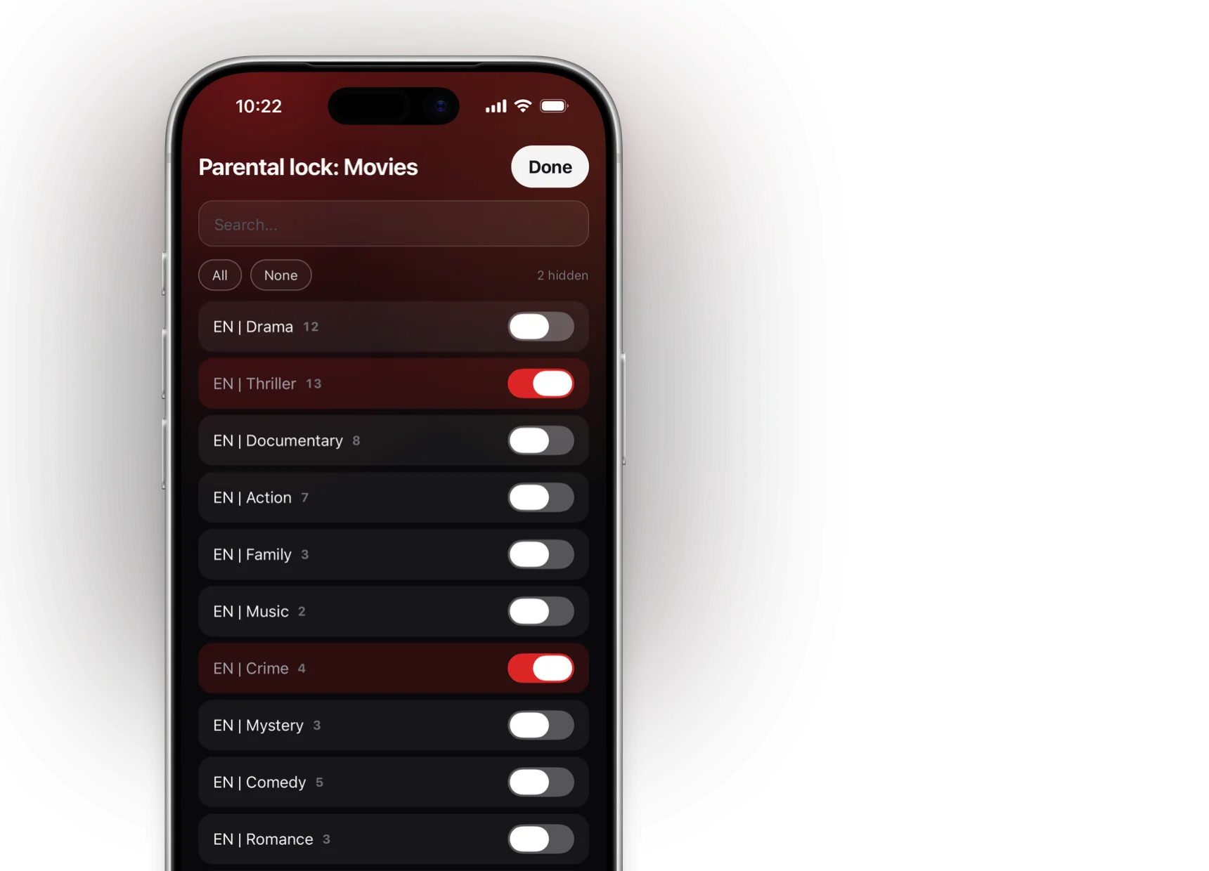 Parental lock in IPTV Player One on an iPhone: choose which groups are locked
