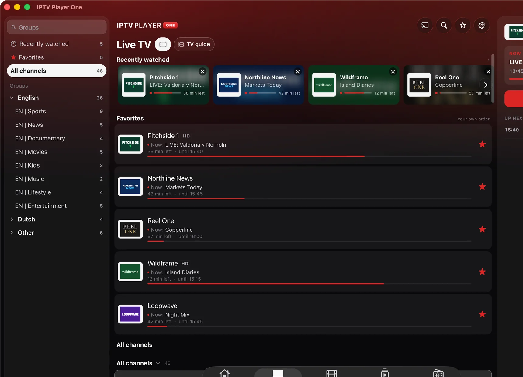 Live TV in IPTV Player One for Mac: channel groups, recently watched channels and favorites