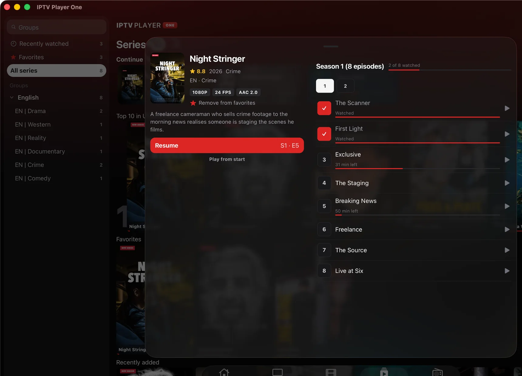 A series page in IPTV Player One for Mac with seasons, episodes and progress per episode