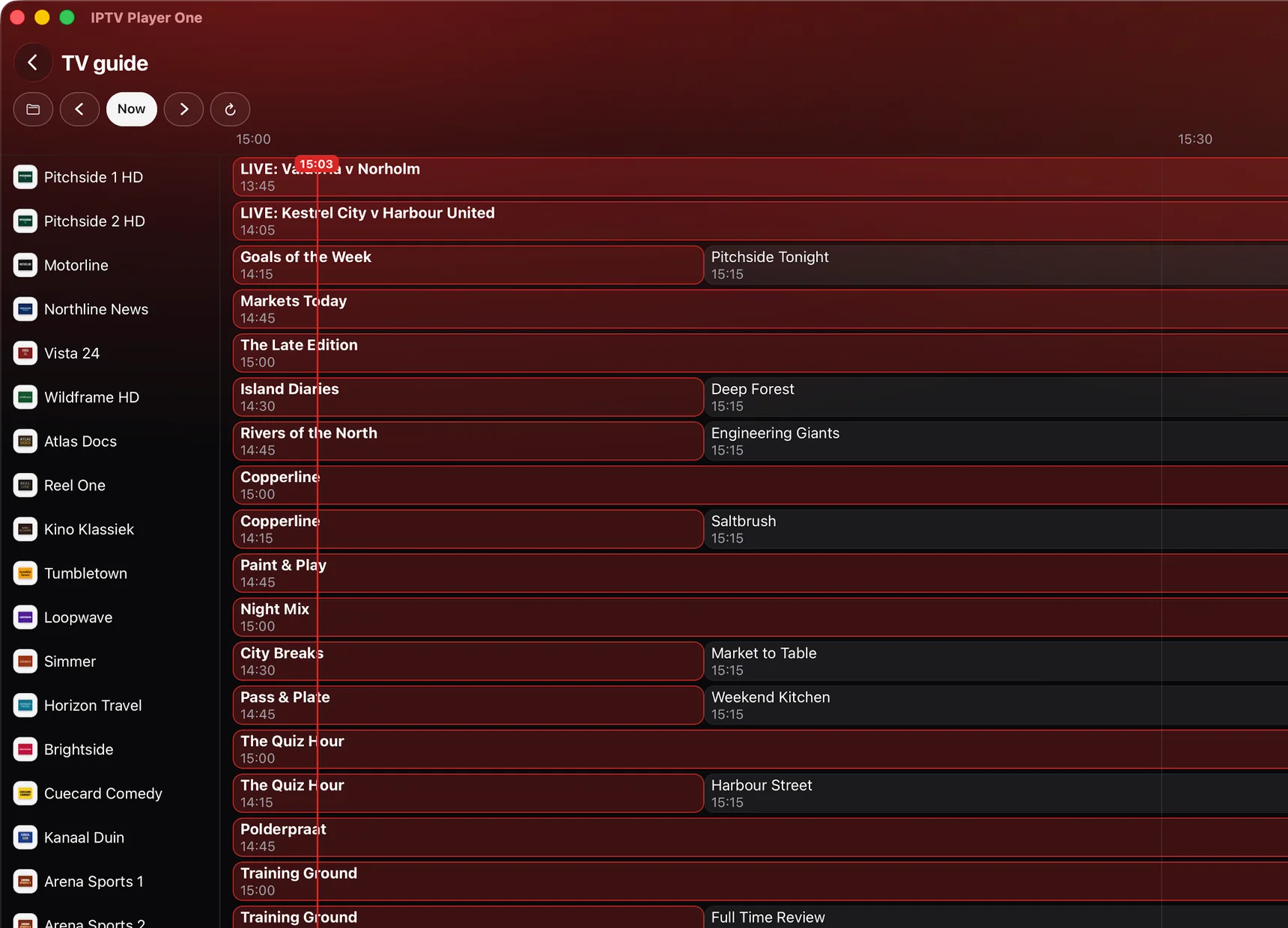 The TV guide in IPTV Player One for Mac: what is on now and next, per channel