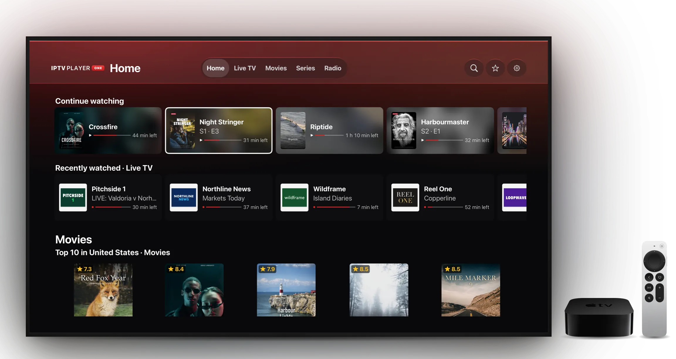 IPTV Player One home screen on a TV with Apple TV and Siri Remote: continue watching, recently watched live TV and top 10 movies