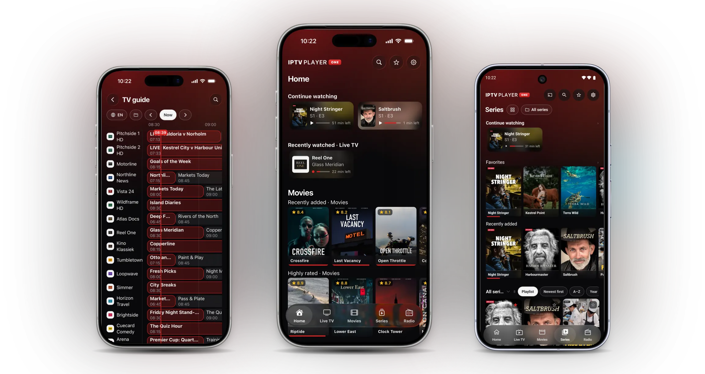 IPTV Player One on two iPhones and an Android phone: TV guide, home screen and series