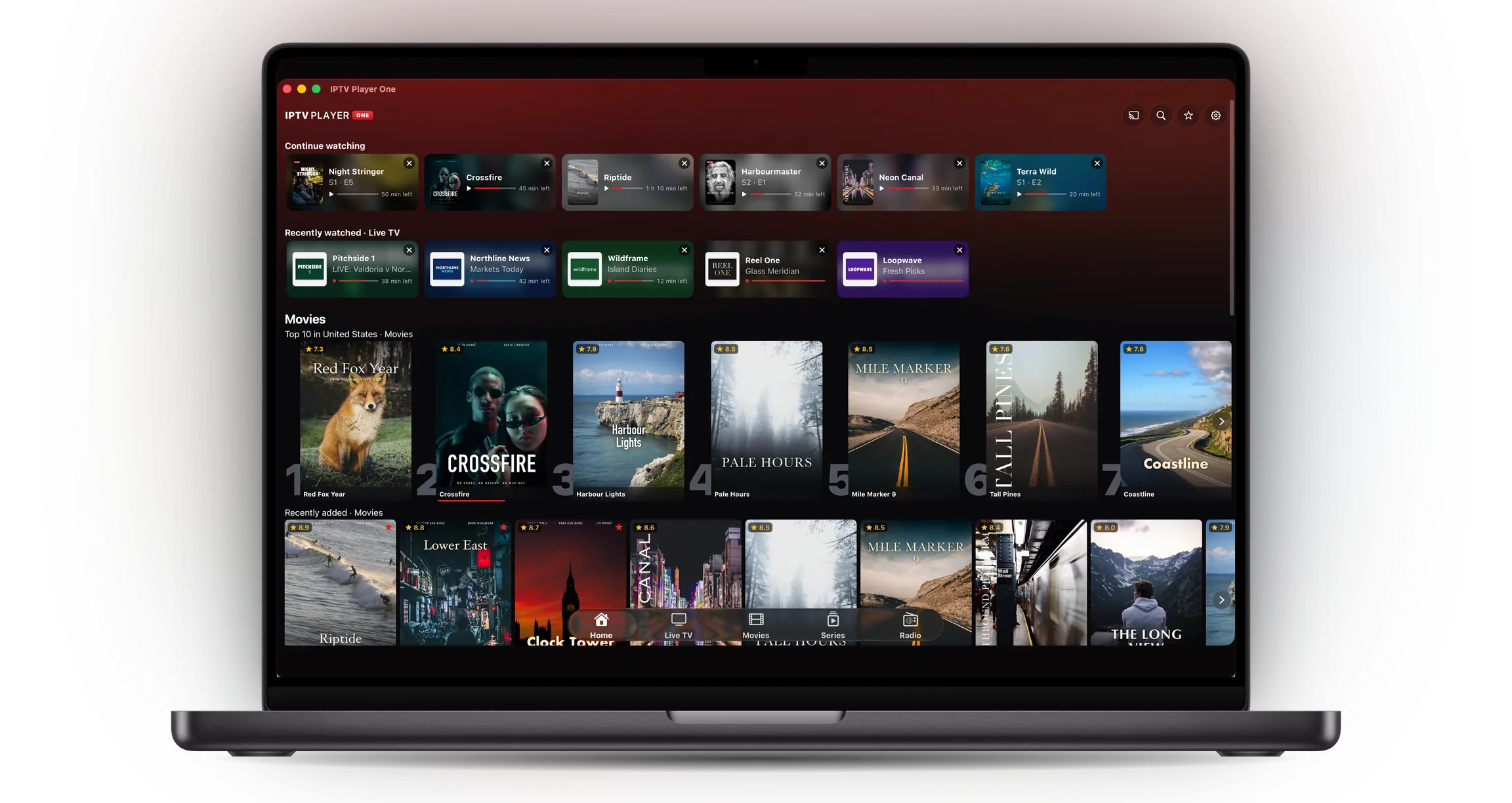 IPTV Player One on a MacBook Pro: home screen with continue watching and the top 10 movies