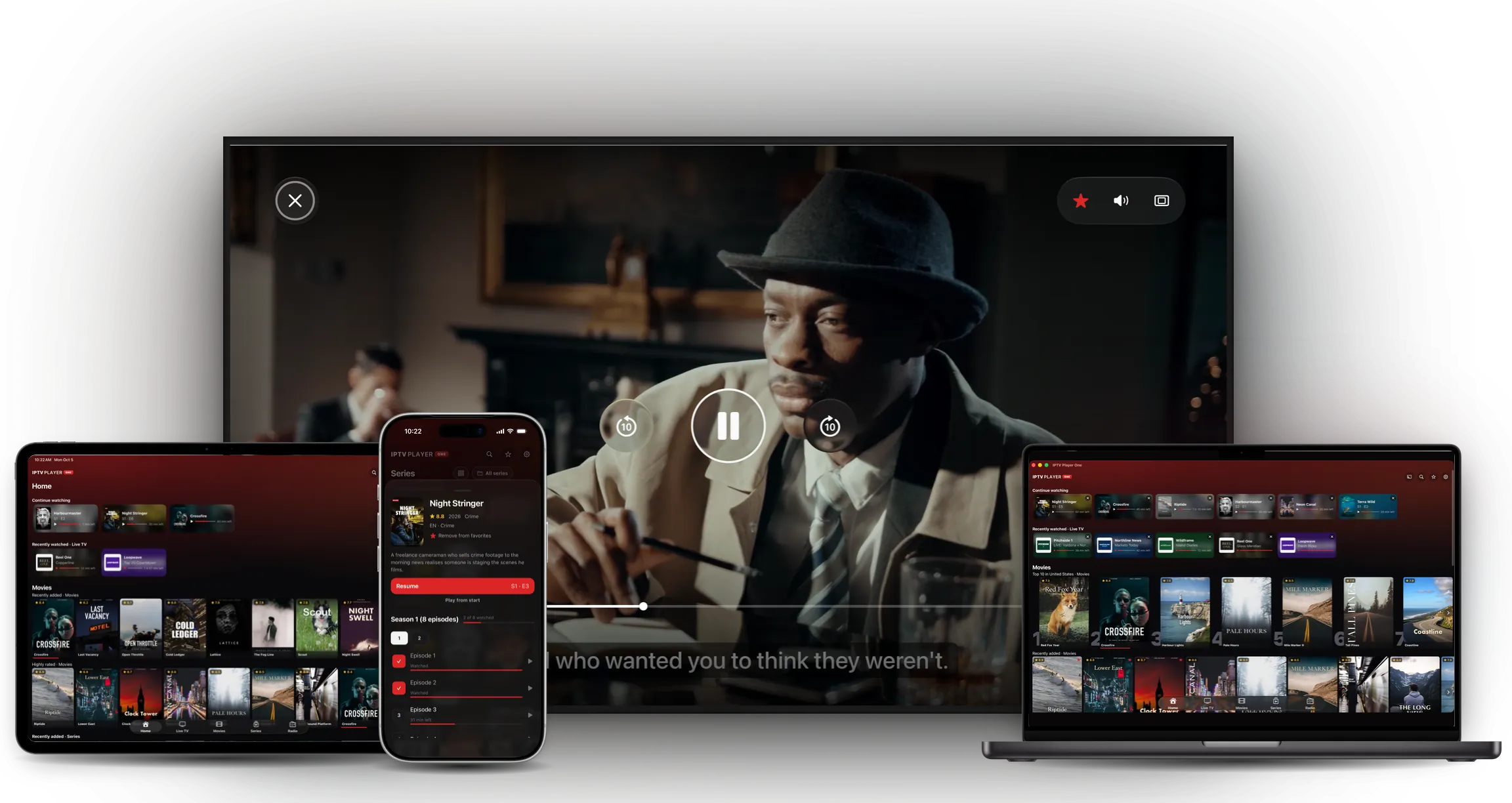 IPTV Player One on a TV, a MacBook, an iPad and an iPhone, with a series playing, the home screen and episode progress