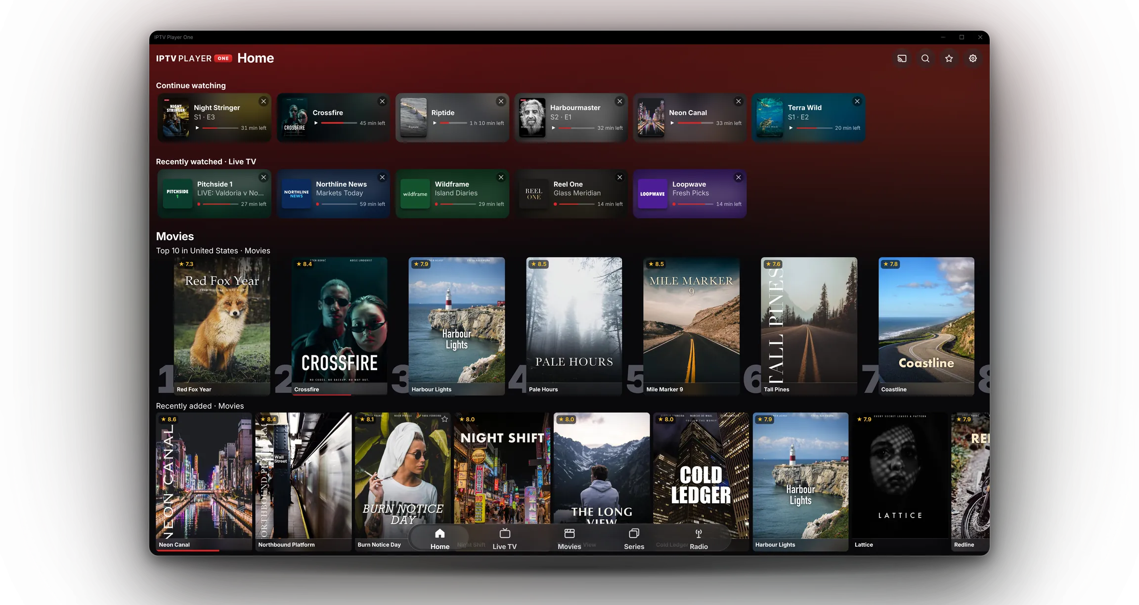 IPTV Player One for Windows: home screen with continue watching, live TV channels and movie posters
