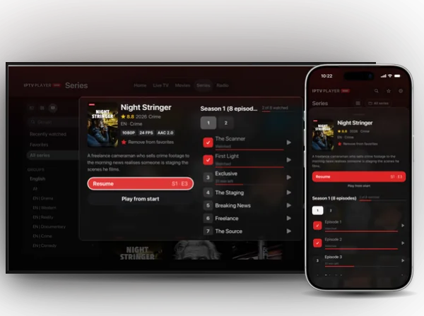The same series at the same episode on an iPhone, an Apple TV and an iPad in IPTV Player One