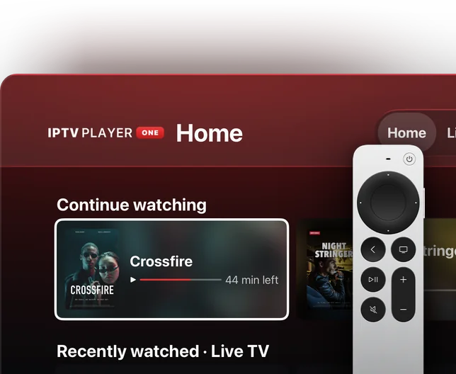 The IPTV Player One TV app up close with the Siri Remote: the continue watching row on the home screen