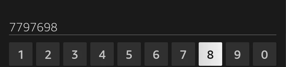 The Fire TV on-screen keyboard with the code 7797698 filled in
