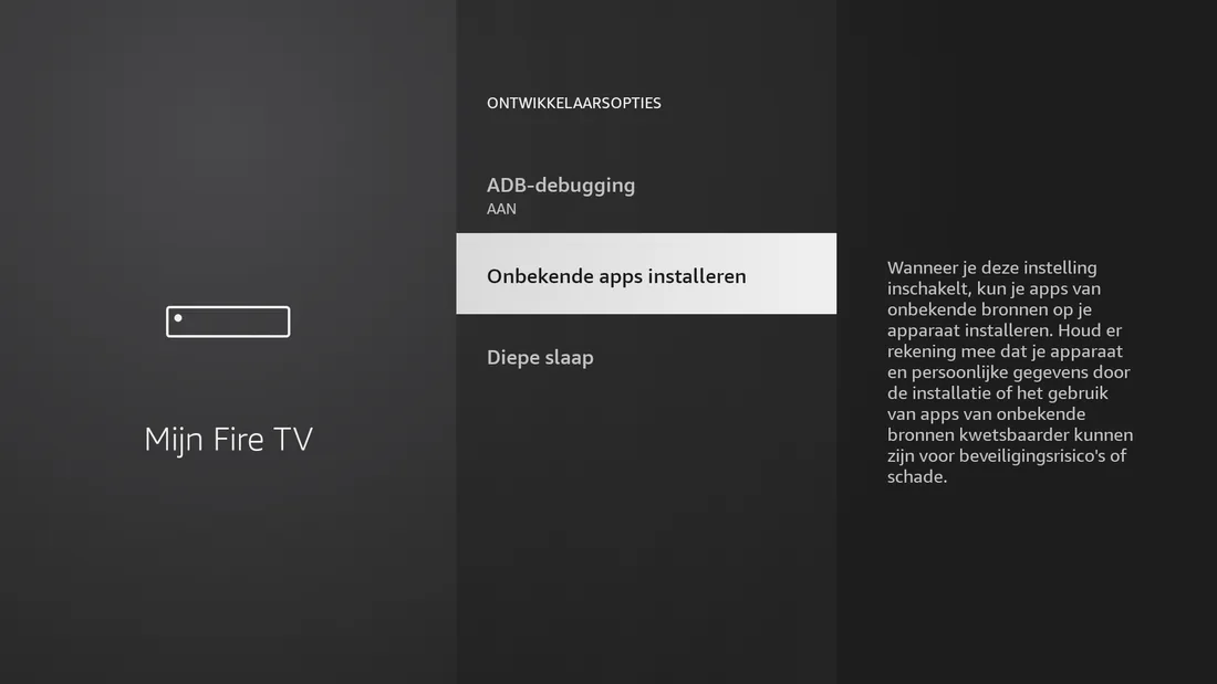Fire OS, Mijn Fire TV, Ontwikkelaarsopties met de regel Onbekende apps installeren geselecteerd